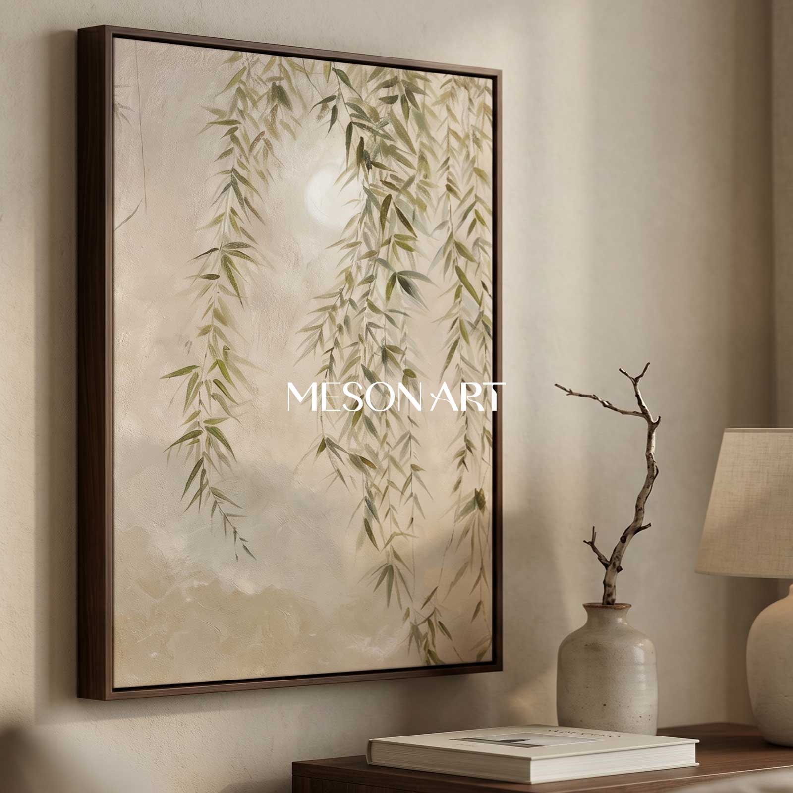 Green Willow On Canvas Wabi-Sabi Art Green Willow Oil Painting Willow Landscape Wall Art