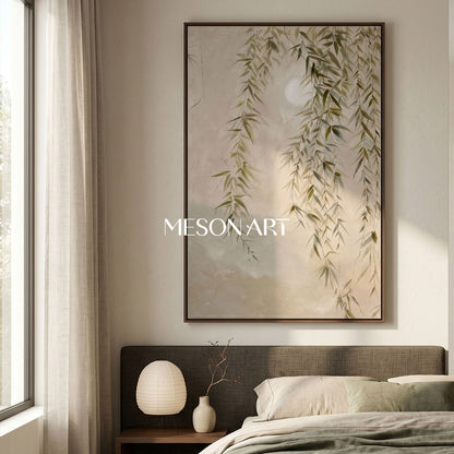 Green Willow On Canvas Wabi-Sabi Art Green Willow Oil Painting Willow Landscape Wall Art