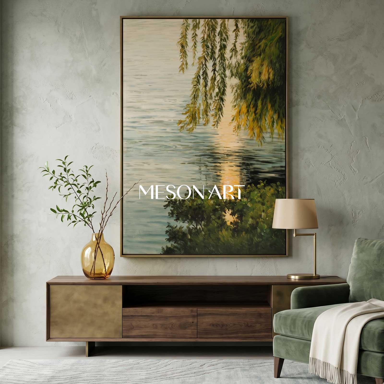 Lakeside Green Leaves Landscape Oil Painting Original Landscape Canvas Art Green Landscape Wall Art