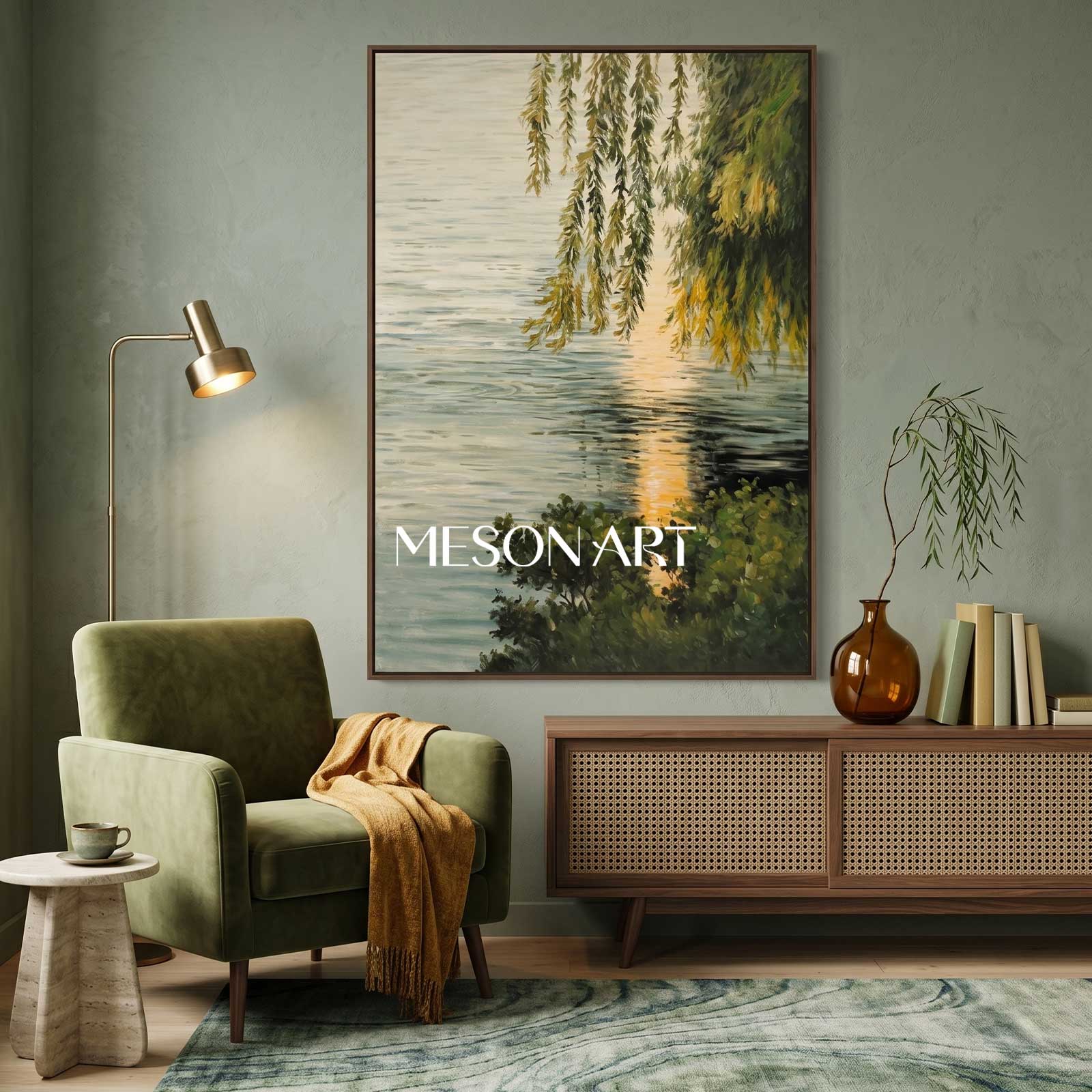 Lakeside Green Leaves Landscape Oil Painting Original Landscape Canvas Art Green Landscape Wall Art