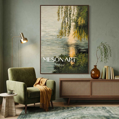 Lakeside Green Leaves Landscape Oil Painting Original Landscape Canvas Art Green Landscape Wall Art