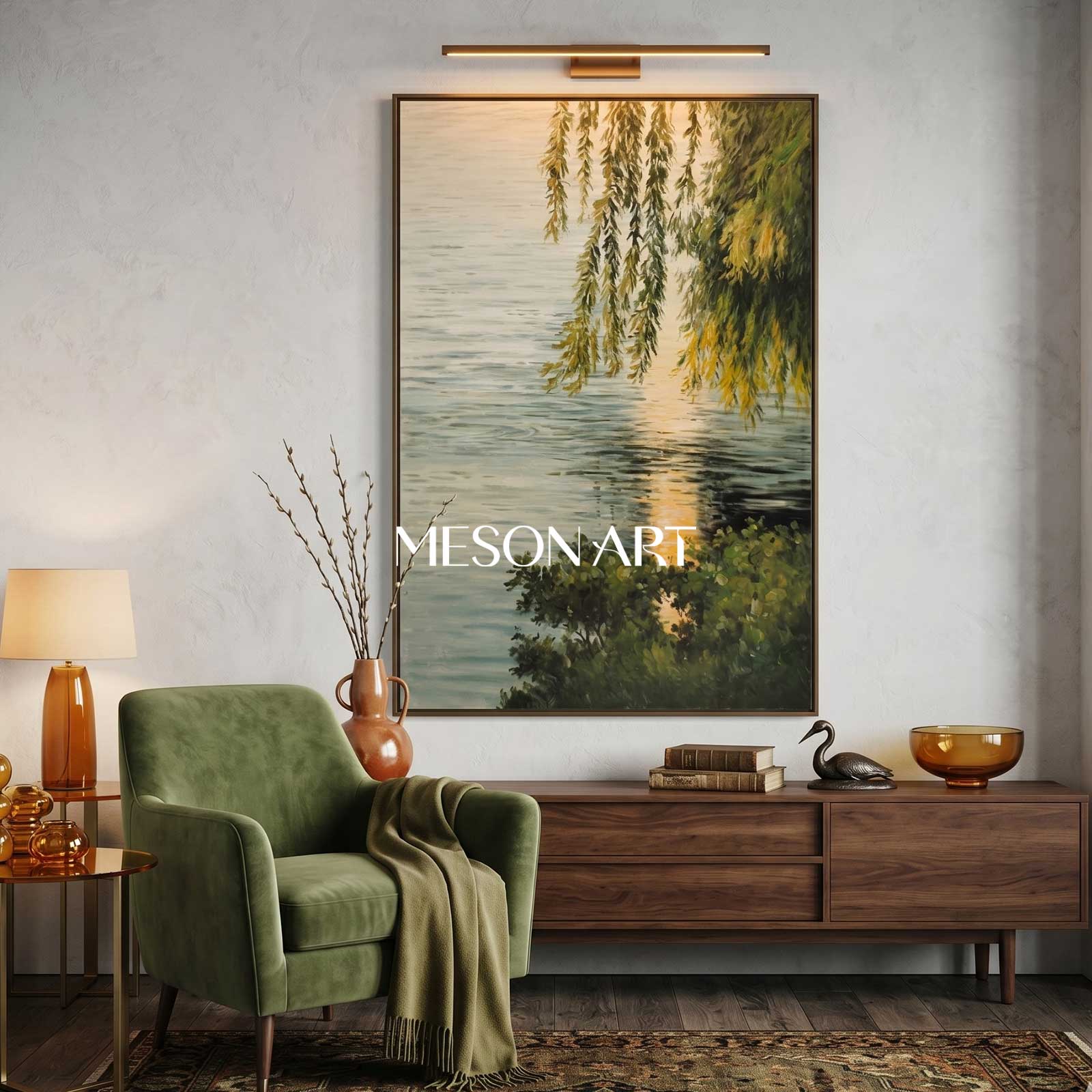 Lakeside Green Leaves Landscape Oil Painting Original Landscape Canvas Art Green Landscape Wall Art