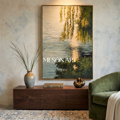 Lakeside Green Leaves Landscape Oil Painting Original Landscape Canvas Art Green Landscape Wall Art
