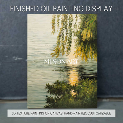 Lakeside Green Leaves Landscape Oil Painting Original Landscape Canvas Art Green Landscape Wall Art