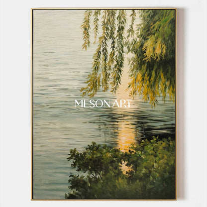 Lakeside Green Leaves Landscape Oil Painting Original Landscape Canvas Art Green Landscape Wall Art
