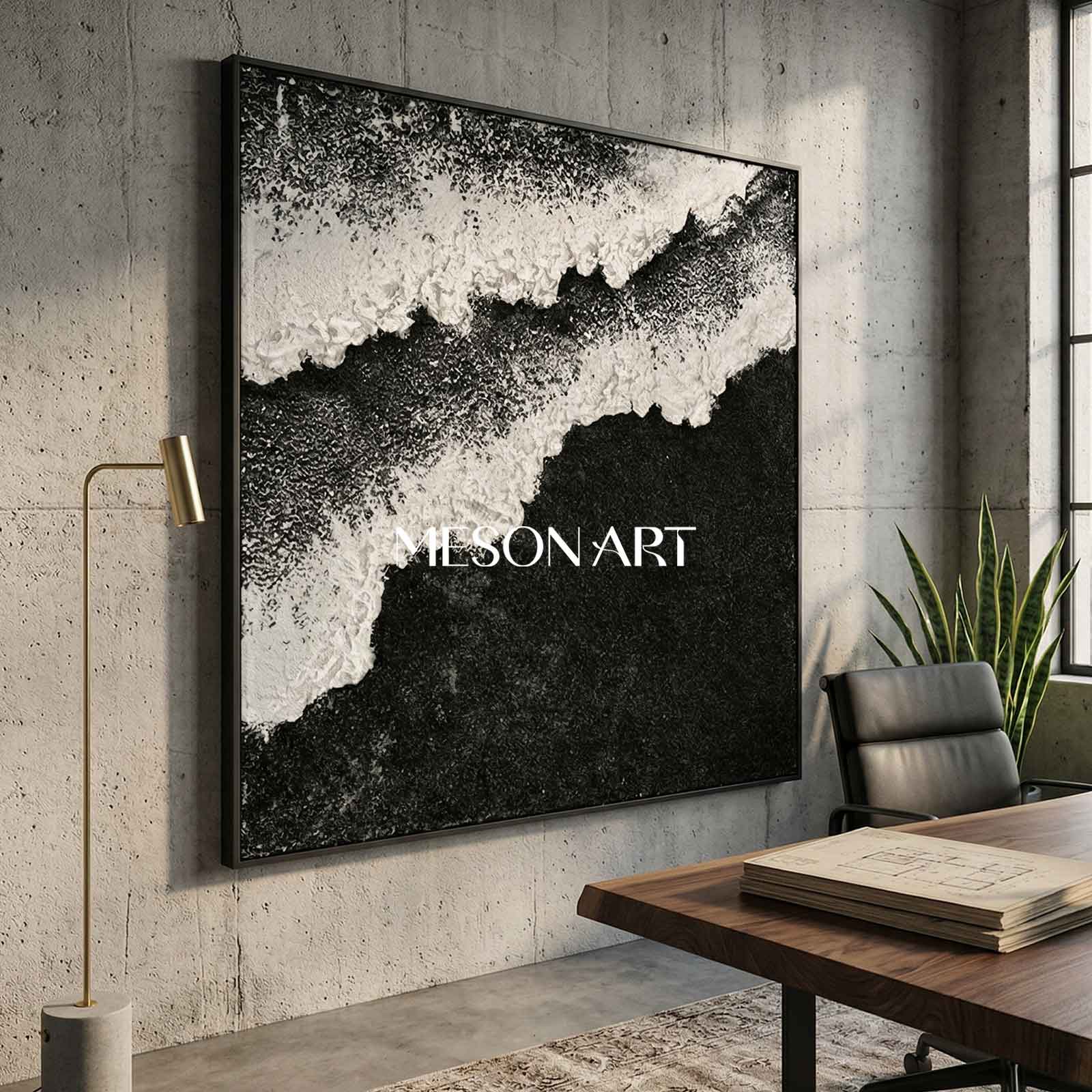 Black and White Beach Ocean Waves Plaster Canvas Art Textured Acrylic Painting Minimalist Art