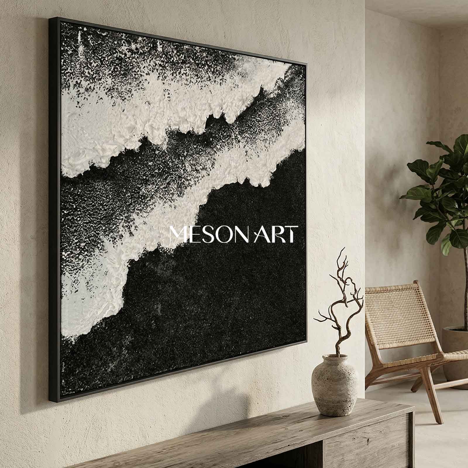 Black and White Beach Ocean Waves Plaster Canvas Art Textured Acrylic Painting Minimalist Art