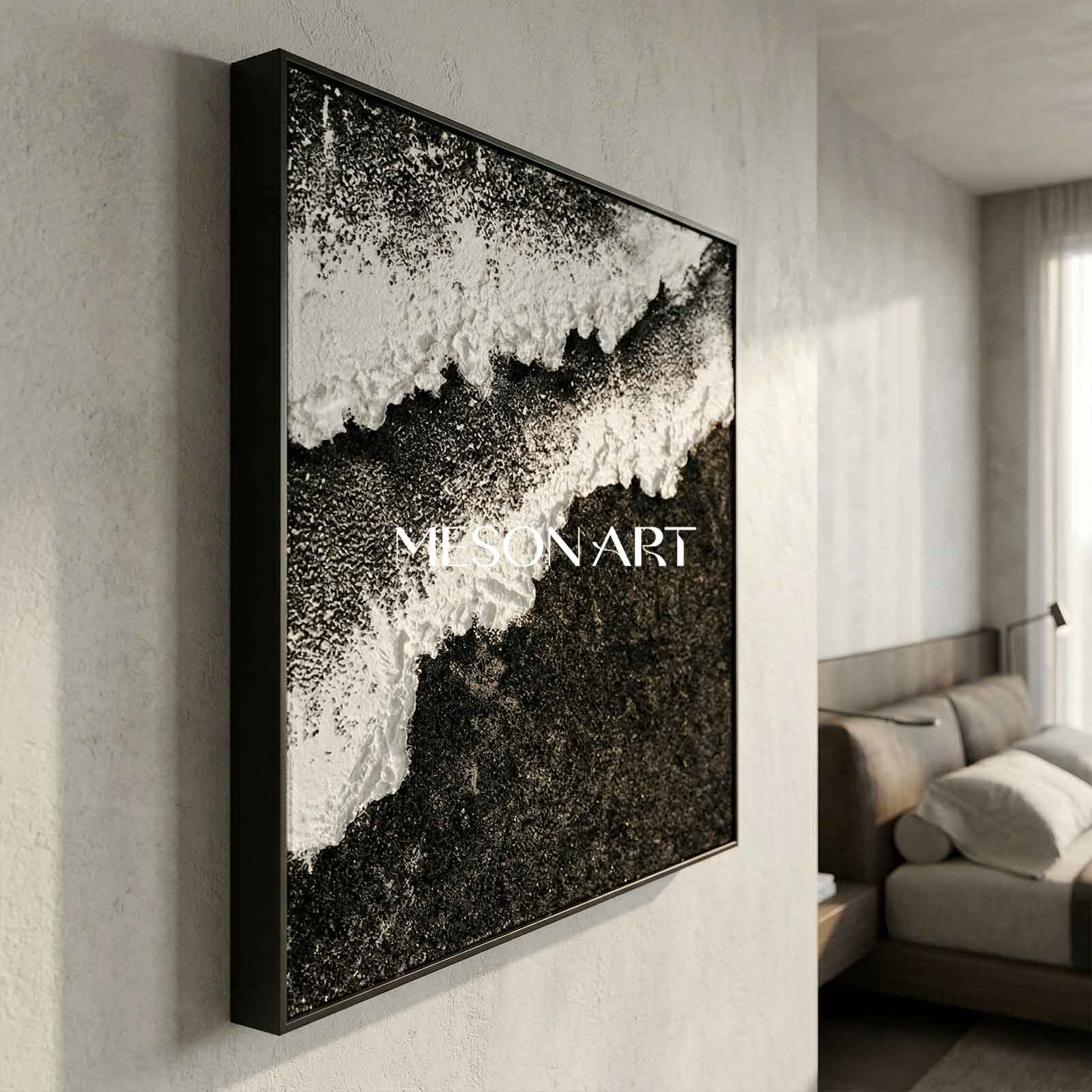 Black and White Beach Ocean Waves Plaster Canvas Art Textured Acrylic Painting Minimalist Art
