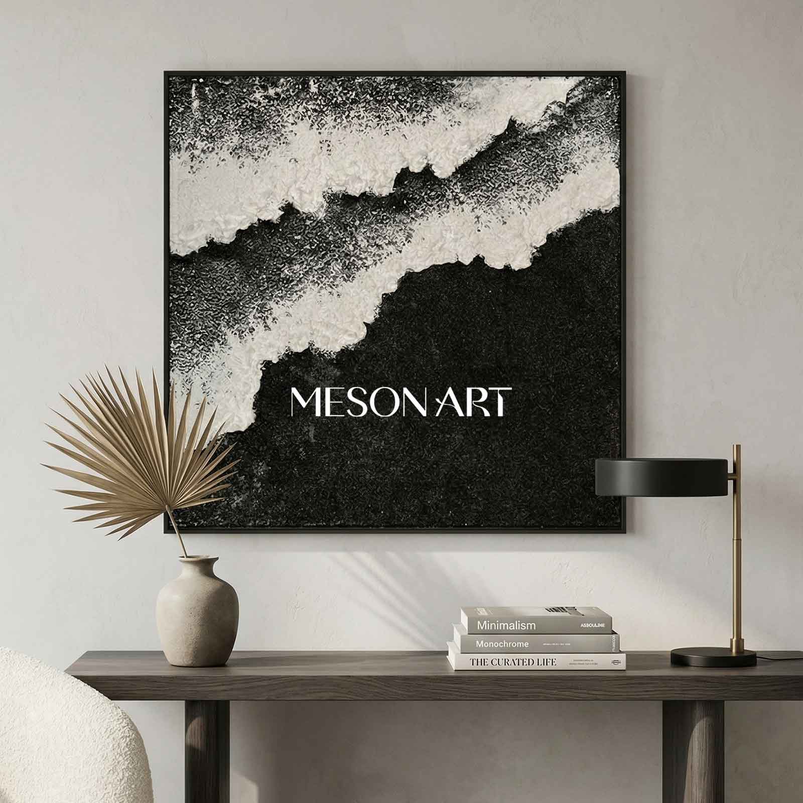 Black and White Beach Ocean Waves Plaster Canvas Art Textured Acrylic Painting Minimalist Art