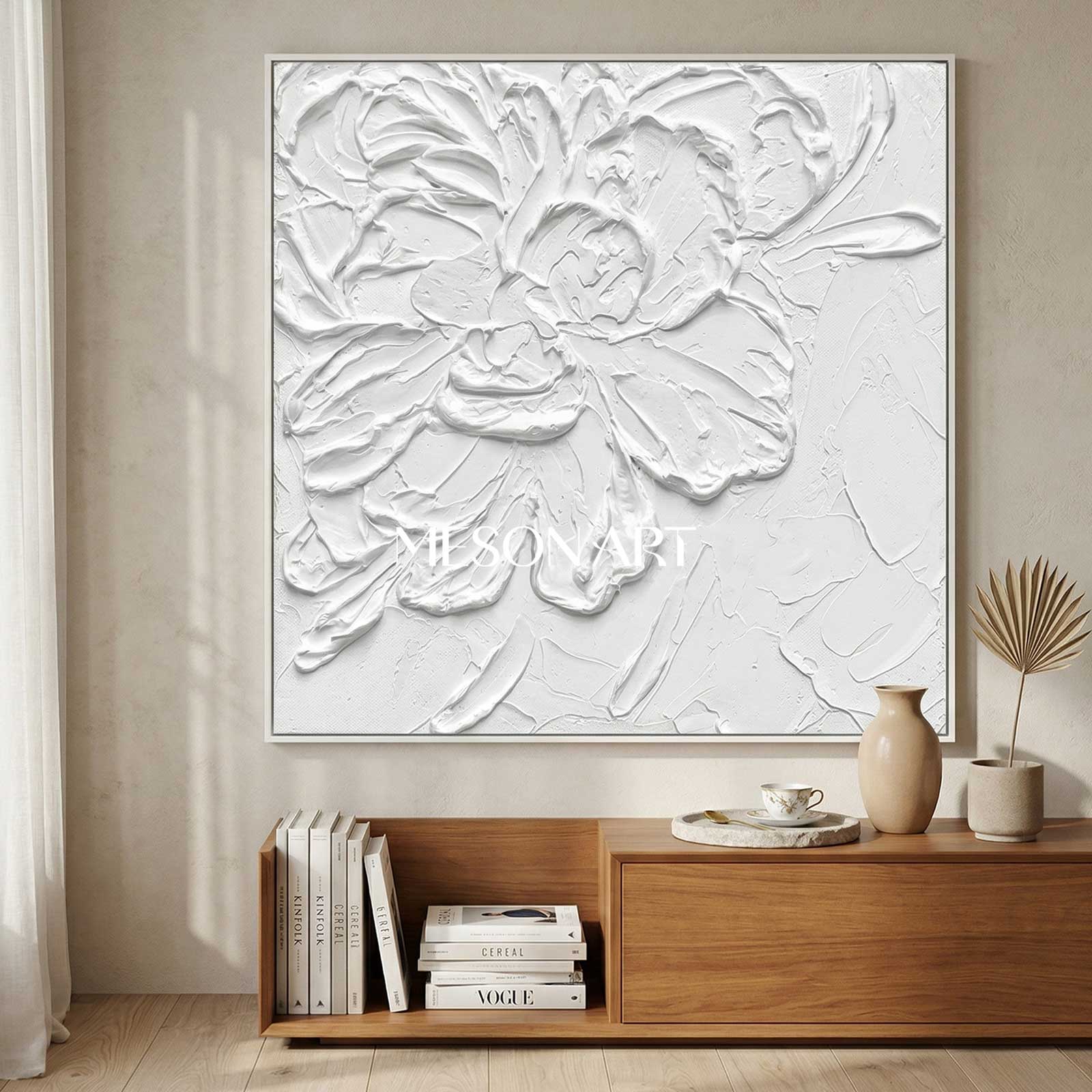 White Flowers Plaster Canvas Art Abstract Plaster Wall Art Flowers Acrylic Painting