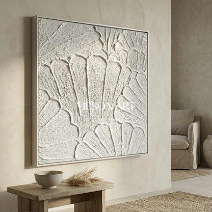 White flower petal Textured Canvas painting 3D plaster art White Abstract Minimalist