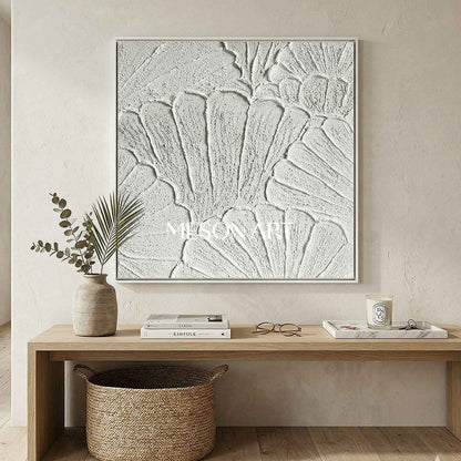 White flower petal Textured Canvas painting 3D plaster art White Abstract Minimalist