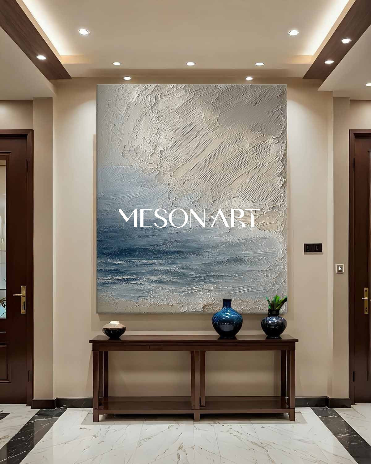 Large 3D Blue And Beige Abstract Canvas Art Abstract Sea Texture Paintings Sea Wall Art Decor