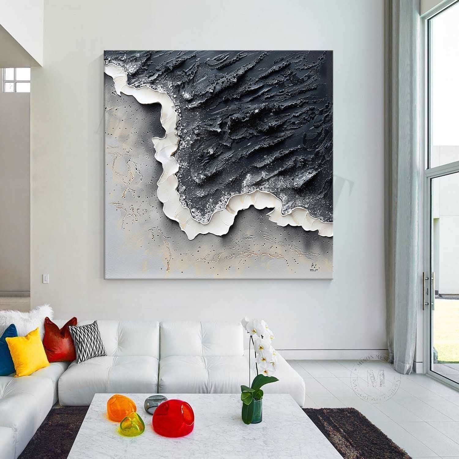 3D Black and White Wave Art Black and White Abstract Textured Canvas Wall Painting