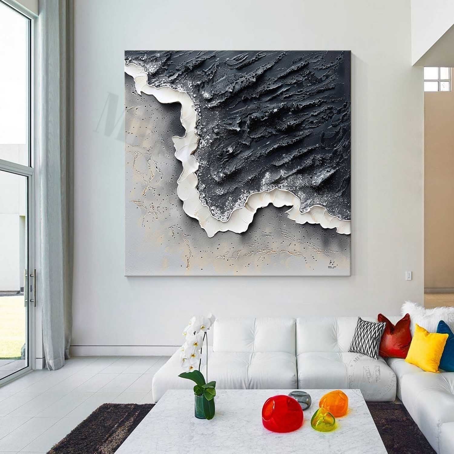 3D Black and White Wave Art Black and White Abstract Textured Canvas Wall Painting