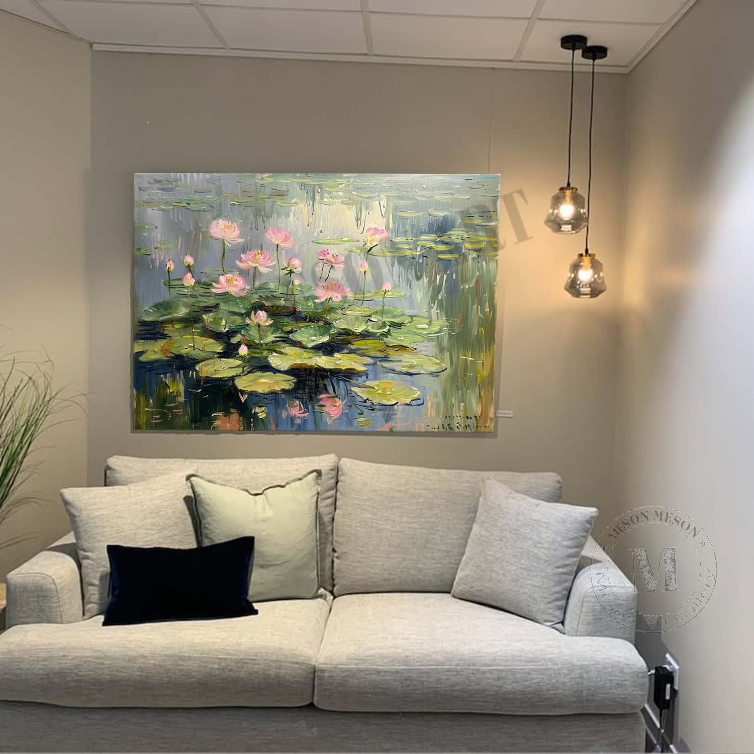 Large Monet Lotus Original Artwork Green Monet Lotus Canvas Wall Art Monet Lotus Oil Painting