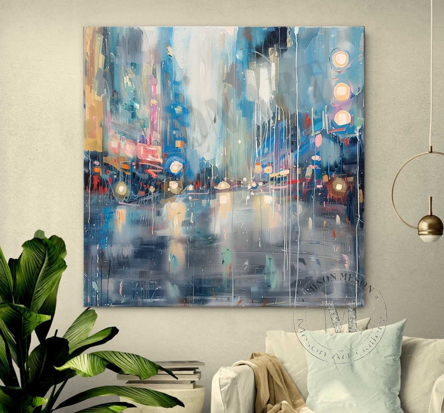 Night City Neon Light Abstract Canvas Art 40*40 Night City Wall Art Decoration Hanging Painting