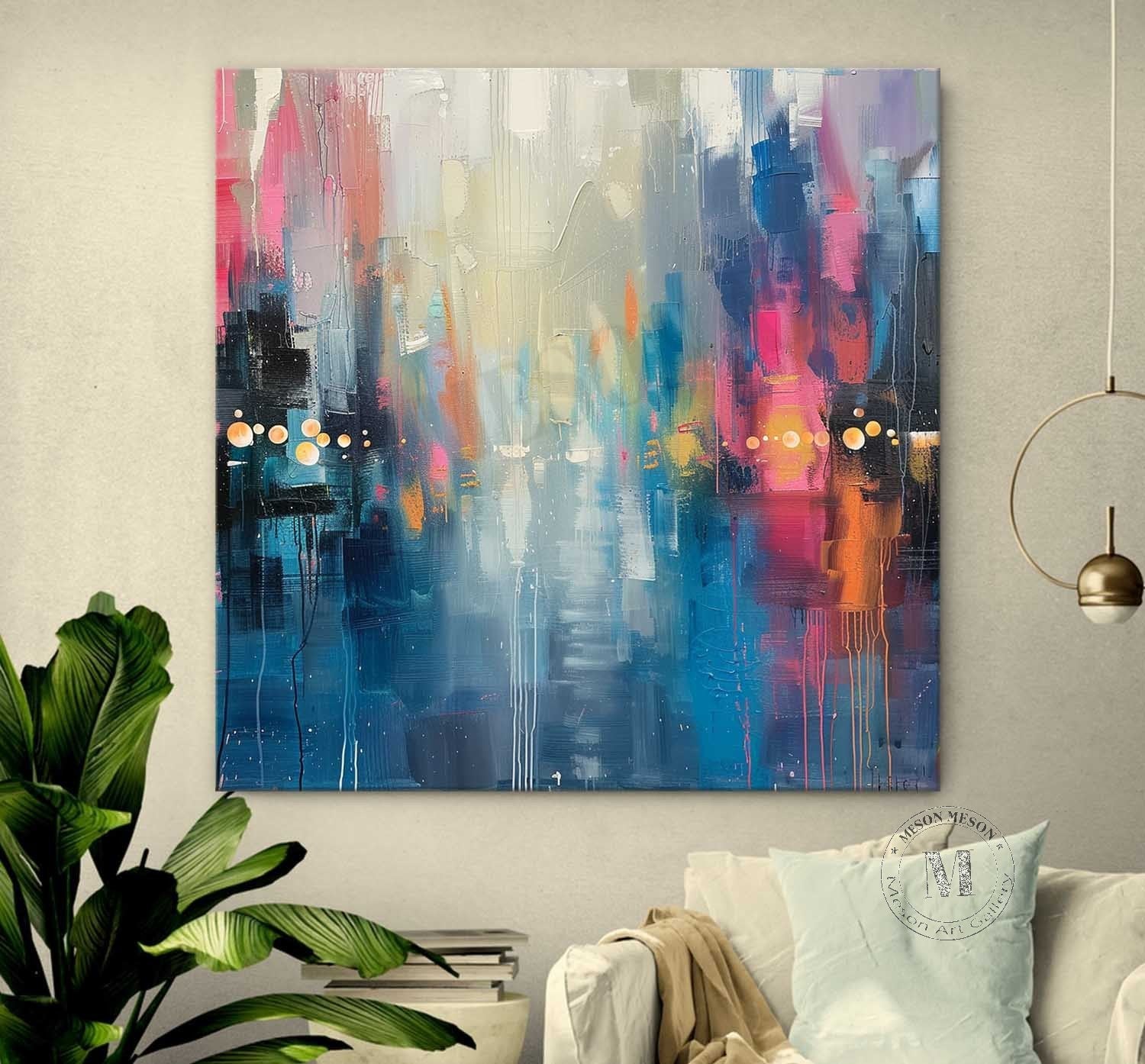 Blue Night City Abstract Art for Sale 50*50 Blue Night City Canvas Wall Decor Art Decoration