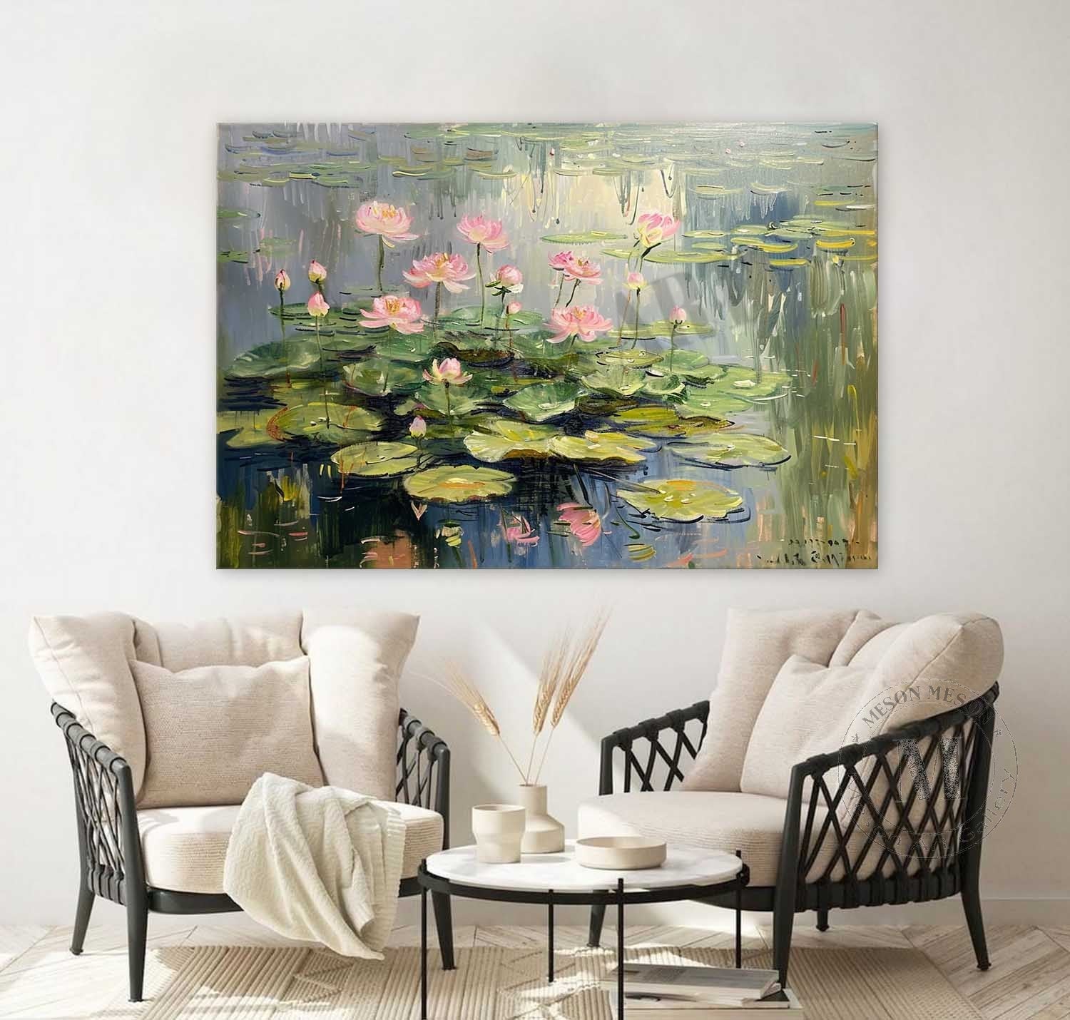 Large Monet Lotus Original Artwork Green Monet Lotus Canvas Wall Art Monet Lotus Oil Painting