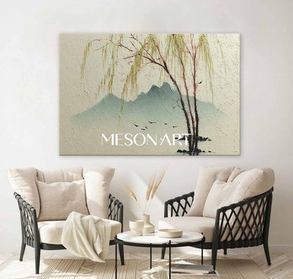 Willow Tree Landscape Painting on Canvas – Hand-Painted Wall Art by Mesonart