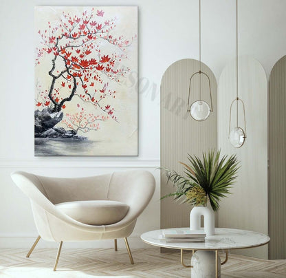 Red Flower Texture Painting Wabi-Sabi Wall Art Japanese Flower Painting on Canvas