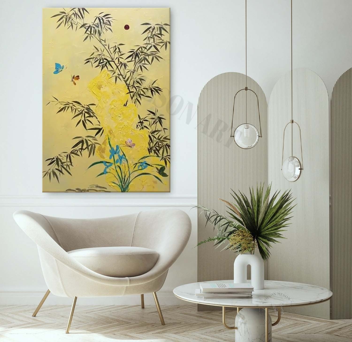 Beige and Yellow Texture Painting Green Bamboo Art Canvas Bamboo Decorative Wall Painting