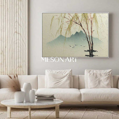 Willow Tree Landscape Painting on Canvas – Hand-Painted Wall Art by Mesonart