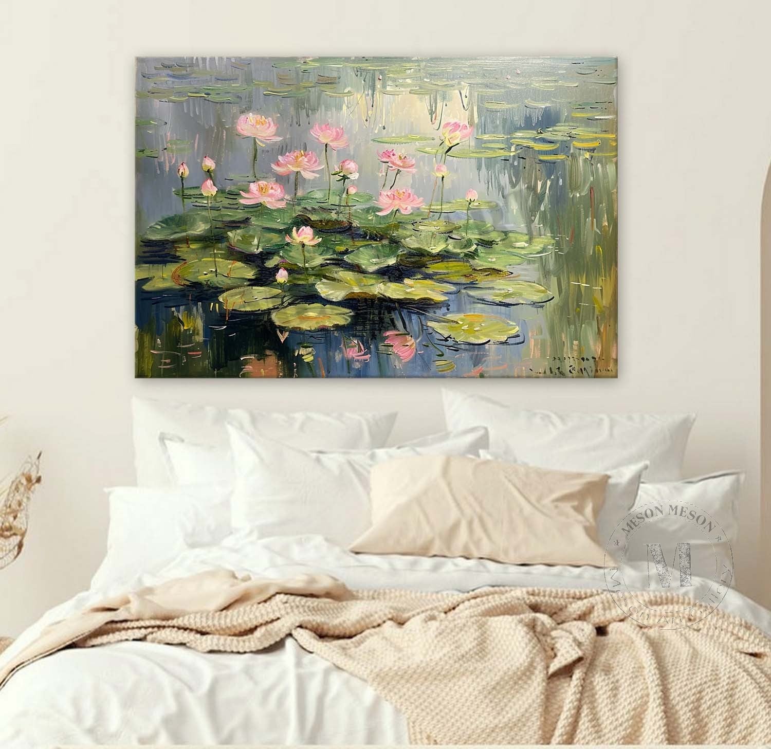 Large Monet Lotus Original Artwork Green Monet Lotus Canvas Wall Art Monet Lotus Oil Painting
