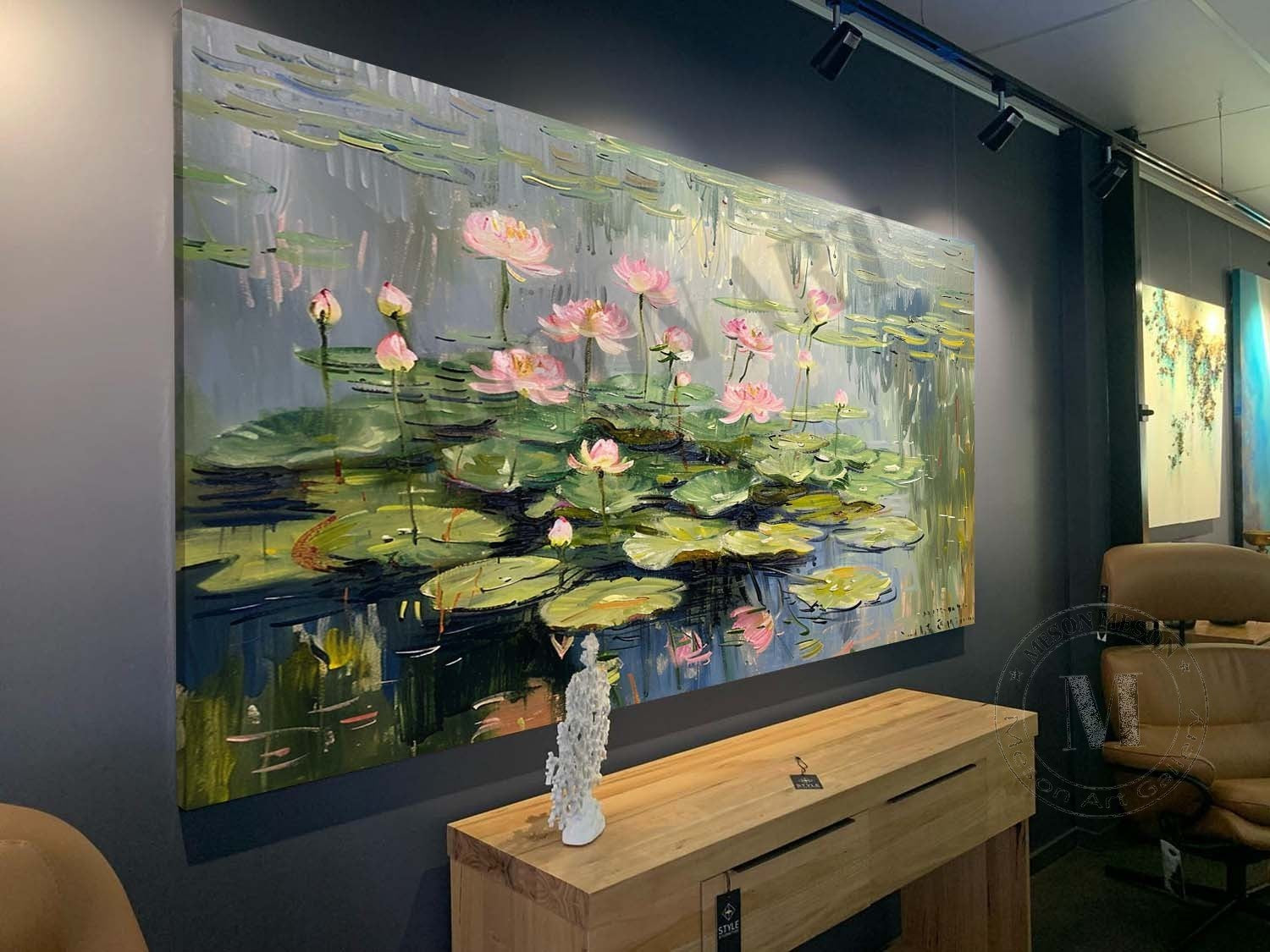 Large Monet Lotus Original Artwork Green Monet Lotus Canvas Wall Art Monet Lotus Oil Painting