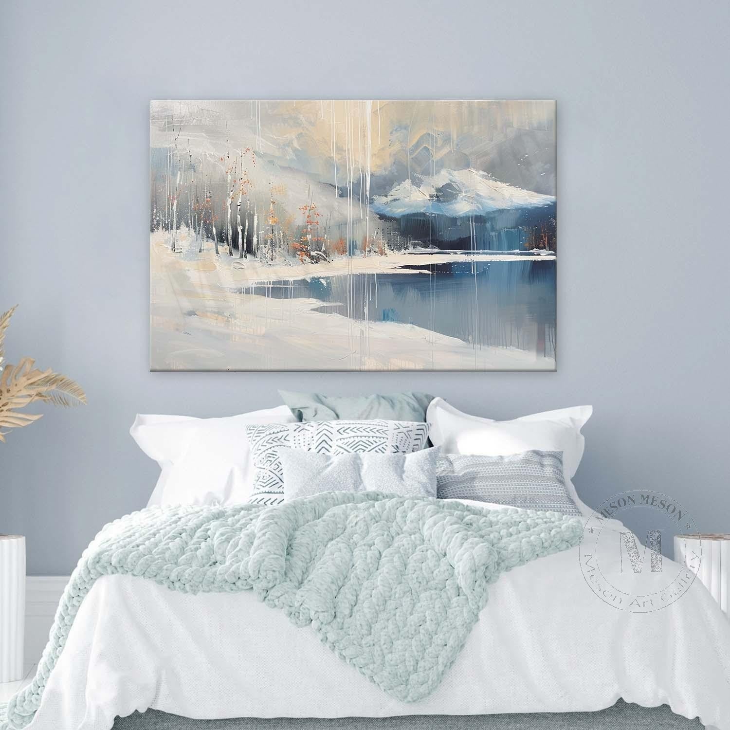 Snowy Lakeside Scenery Oil Painting for Sale White Lakeside Snowy Scenery Canvas Wall Art Decoration