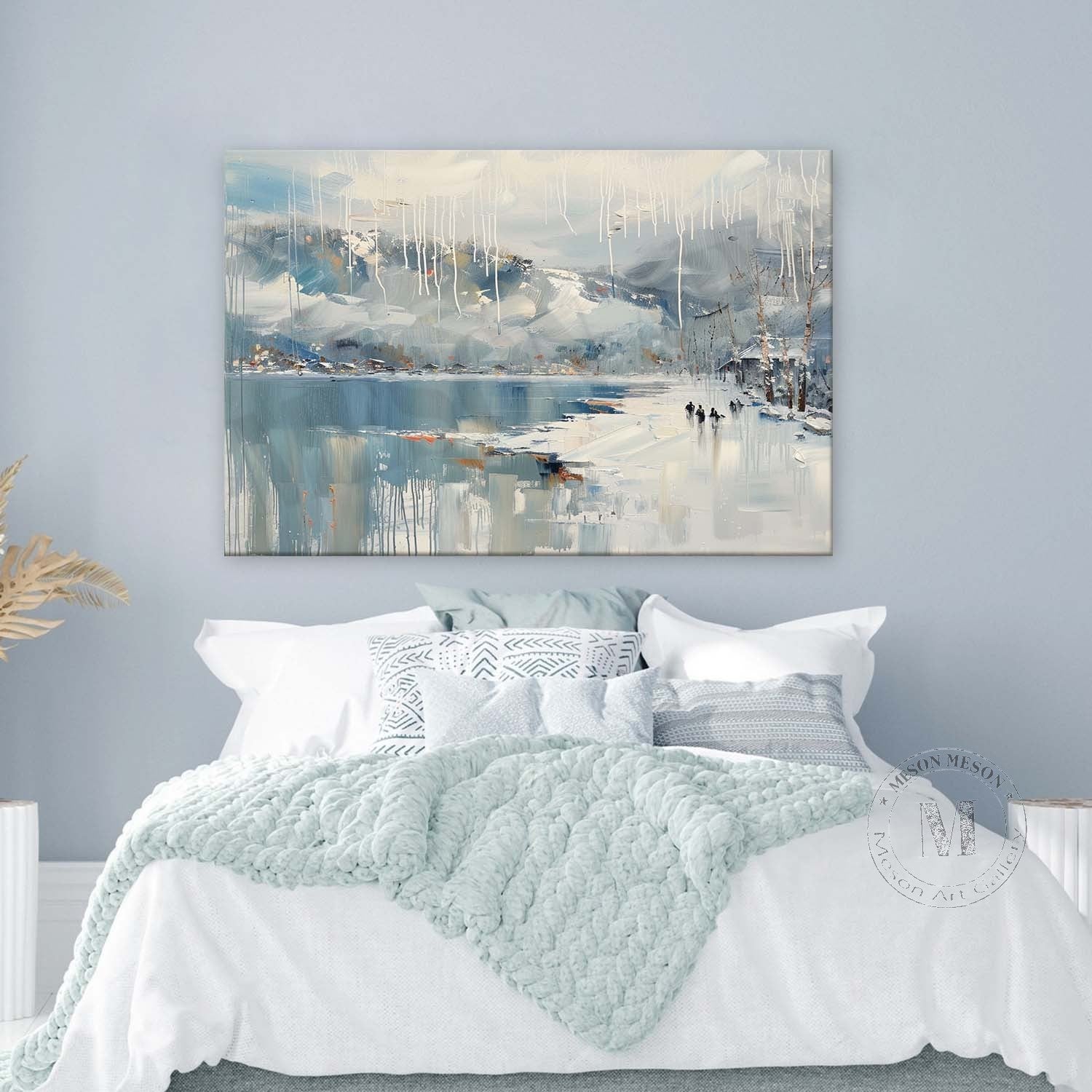 Lakeside Snow Art Lakeside Snow Scenery Oil Painting White Lakeside Snowy Scenery Canvas Wall Art Decor