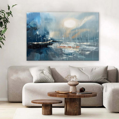 Large Blue Sea Sailing Boat Night Canvas Art Blue Sea Sailing Boat Night Landscape Wall Art Decor
