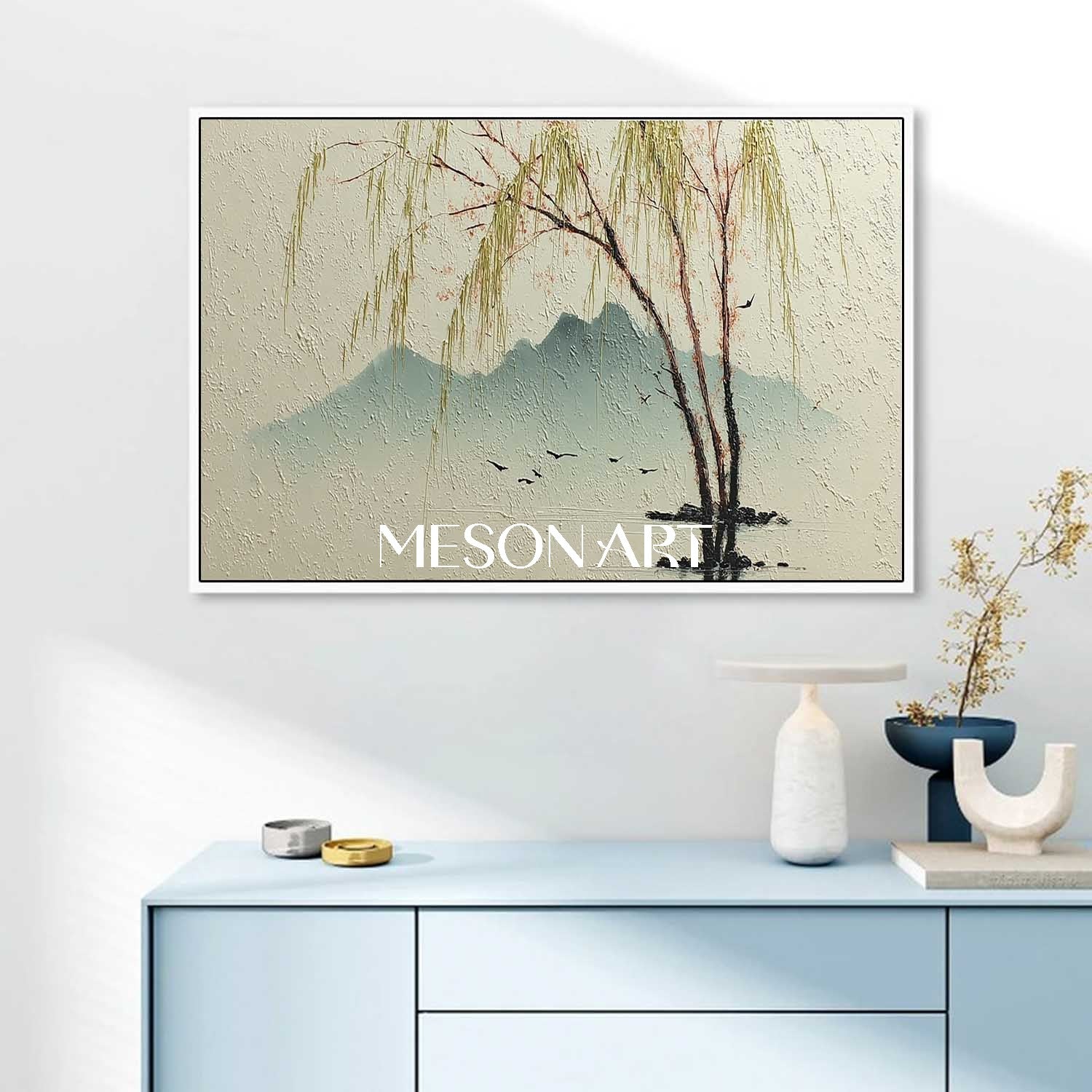 Willow Tree Landscape Painting on Canvas – Hand-Painted Wall Art by Mesonart