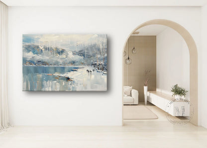 Lakeside Snow Art Lakeside Snow Scenery Oil Painting White Lakeside Snowy Scenery Canvas Wall Art Decor