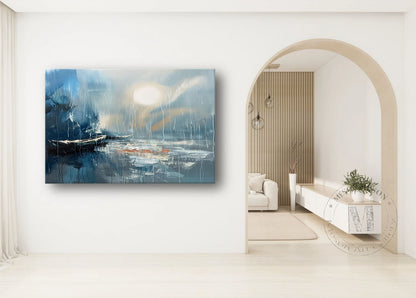 Large Blue Sea Sailing Boat Night Canvas Art Blue Sea Sailing Boat Night Landscape Wall Art Decor
