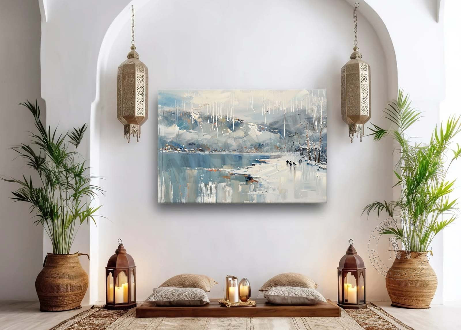 Lakeside Snow Art Lakeside Snow Scenery Oil Painting White Lakeside Snowy Scenery Canvas Wall Art Decor