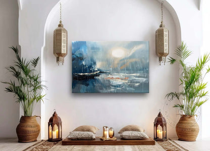 Large Blue Sea Sailing Boat Night Canvas Art Blue Sea Sailing Boat Night Landscape Wall Art Decor