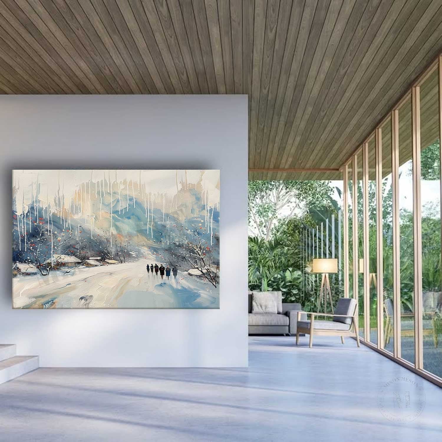 Winter Countryside Landscape Oil Painting White Countryside Snow Scene Canvas Texture Wall Art