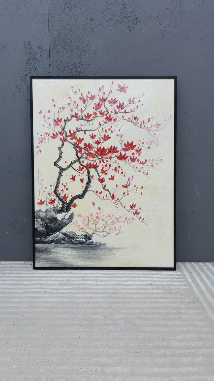 Red Flower Texture Painting Wabi-Sabi Wall Art Japanese Flower Painting on Canvas