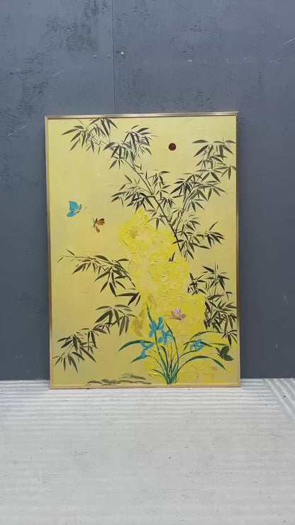 Beige and Yellow Texture Painting Green Bamboo Art Canvas Bamboo Decorative Wall Painting