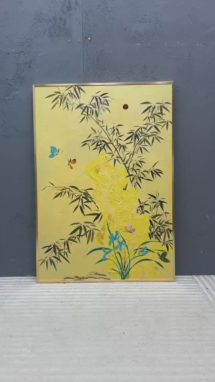 Beige and Yellow Texture Painting Green Bamboo Art Canvas Bamboo Decorative Wall Painting