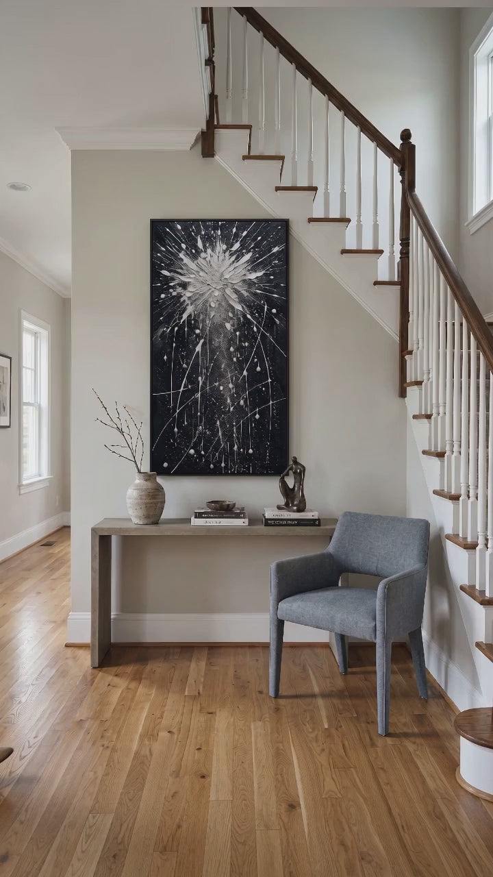Large Black And White Abstract Painting With Textured Relief For Modern Living Room Decor