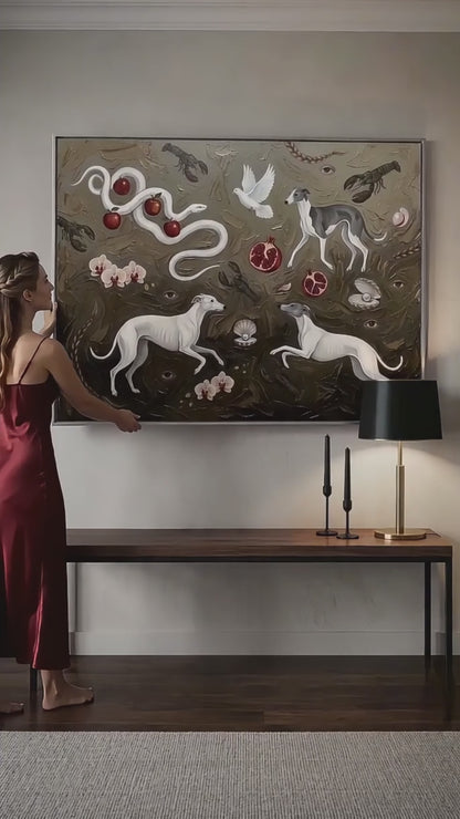 Original Surrealist Greyhound Painting Texture Wall Canvas Living Room