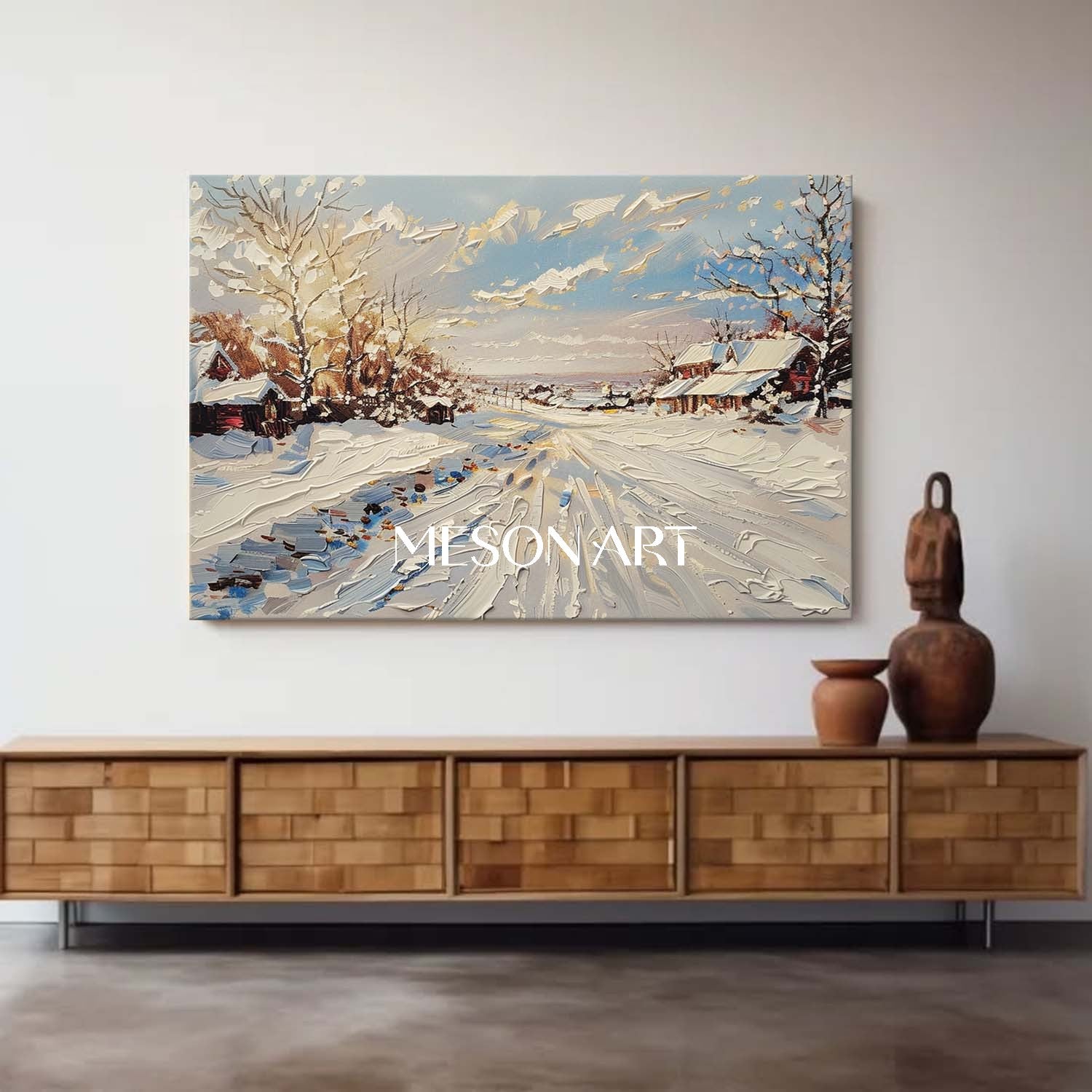 Hand-Painted Dnowscape Canvas Winter Village Custom Textured Art