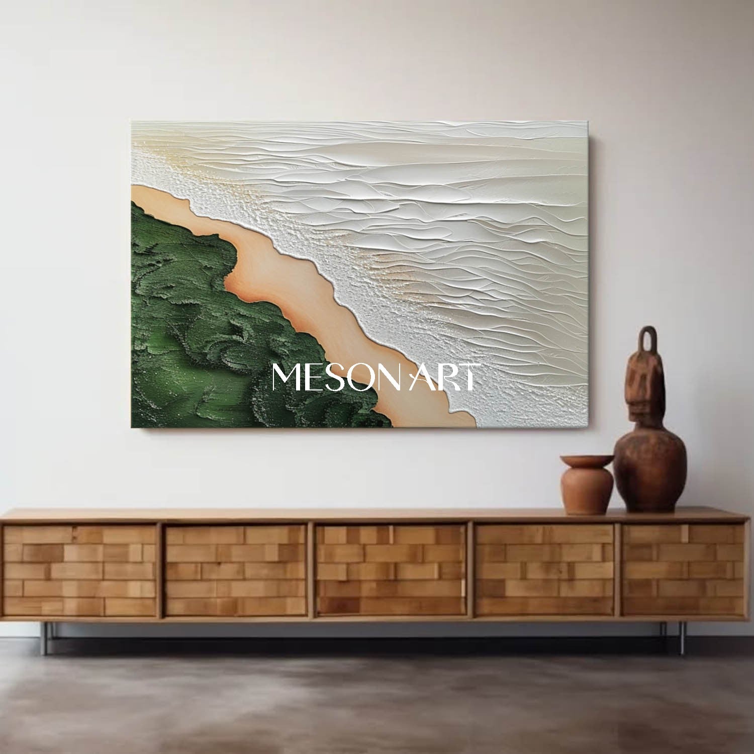 Contemporary Coastal Decor Green Beige Textured Wave Canvas Wall Art