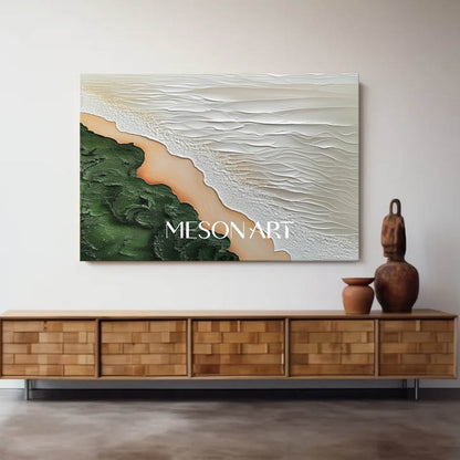 Contemporary Coastal Decor Green Beige Textured Wave Canvas Wall Art