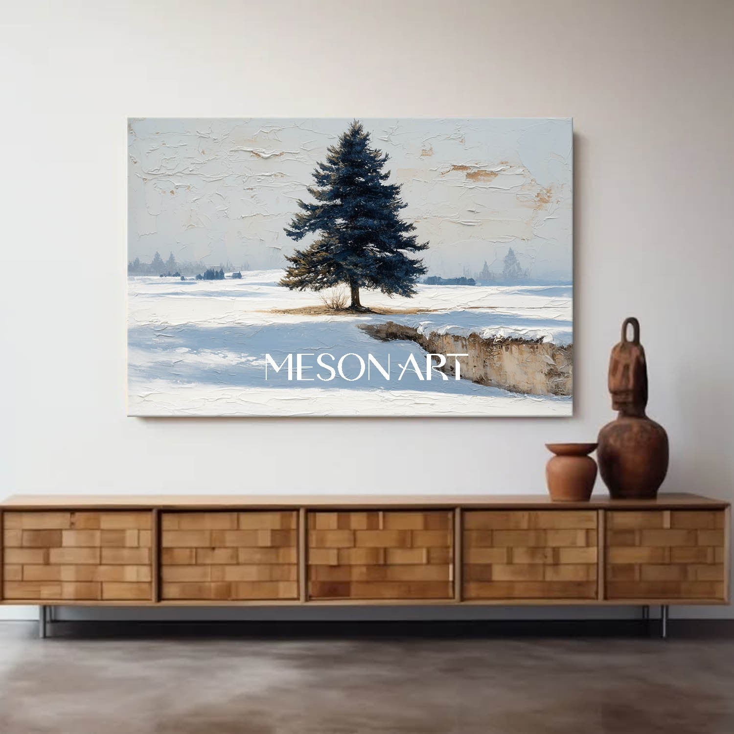 White Blue Impasto Painting Lonely Christmas Tree Winter Wall Art