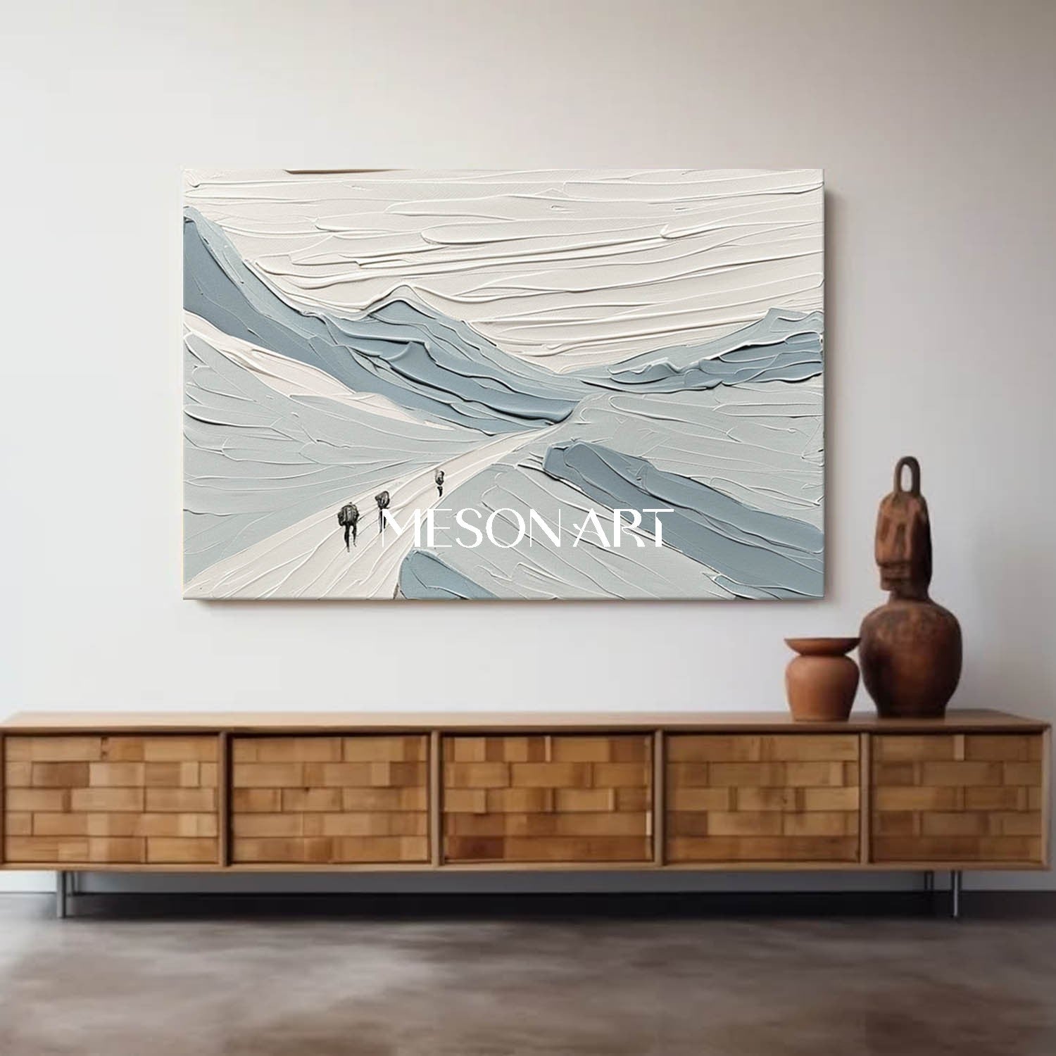 White Blue Impasto Art Abstract Snow Canvas Living Room Wall Decor