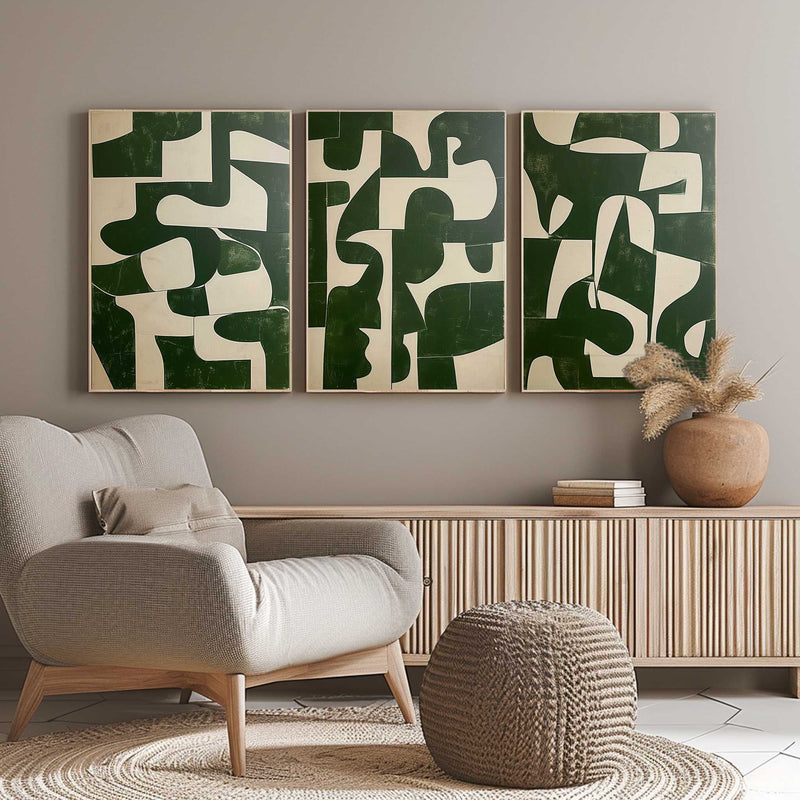 Green and Beige Minimalist Art 3 Piece Set Wabi-Sabi Wall Art Green and Beige Canvas Oil Paintings