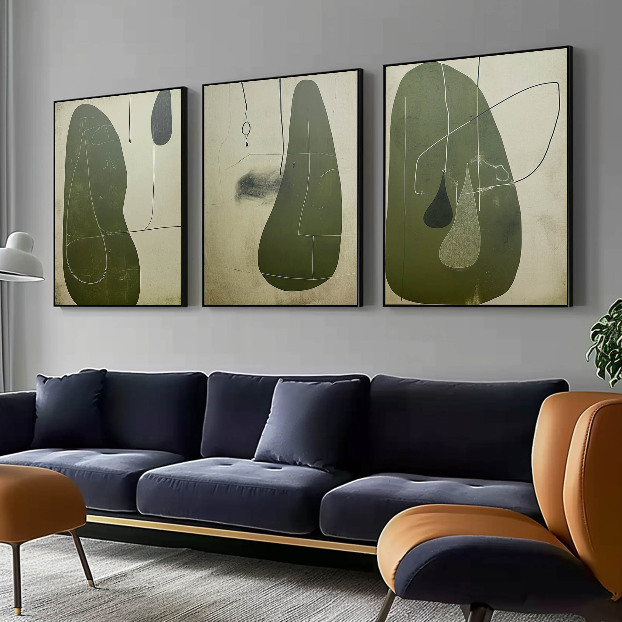 Green Contemporary Minimalist Art 3 Piece Set Wabi-Sabi Wall Art Green Abstract Canvas Art Set of 3